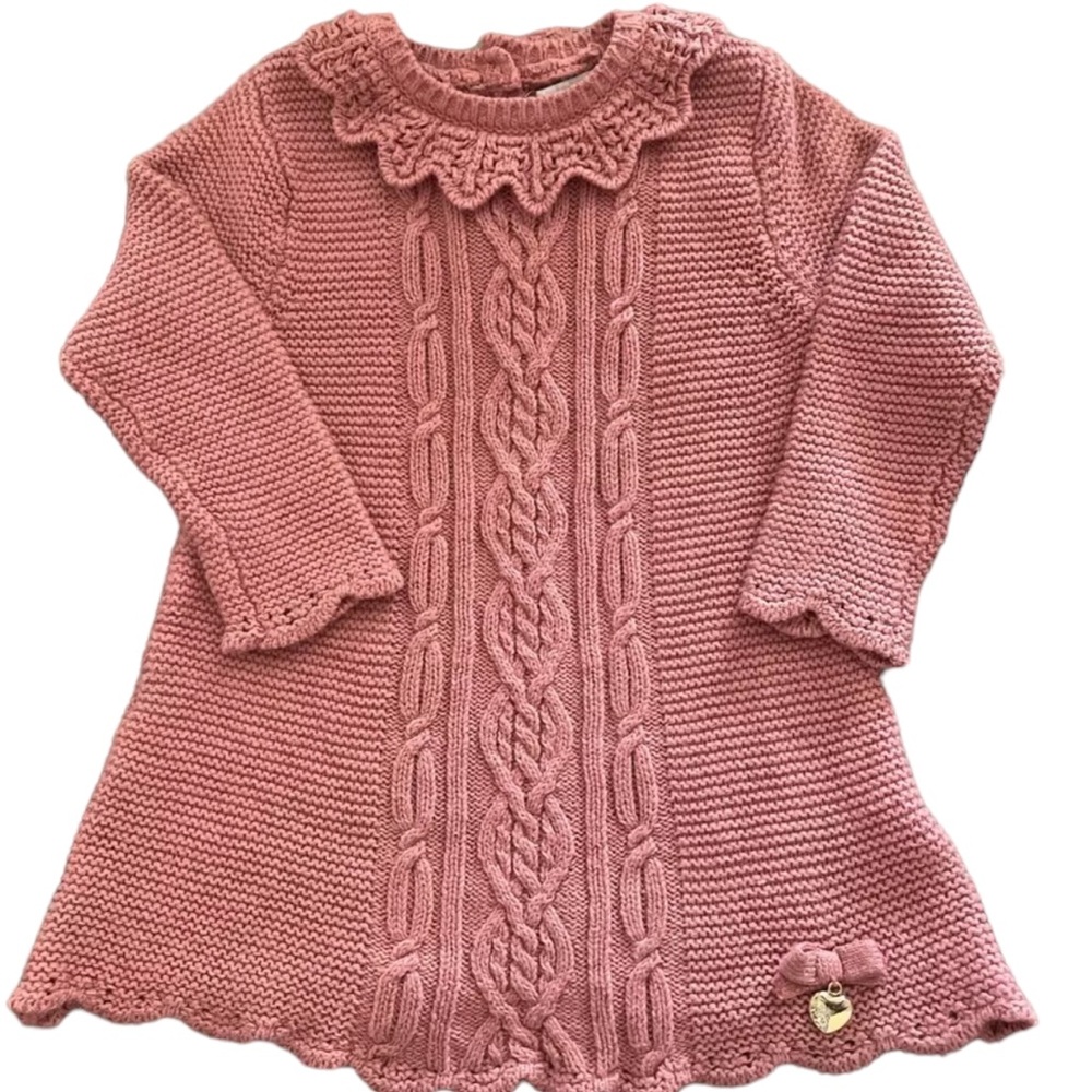 Rachel Zoe Sz 12 Mo Dusty Rose Sweater Dress Bow Gold Heart Cable Knit Crochet
